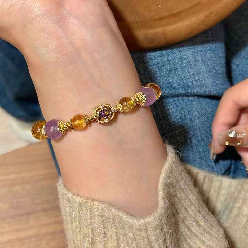 Citrine + Amethyst Natural Crystal Bracelet - Handcrafted Gemstone Jewelry for Prosperity & Happy Birthdays