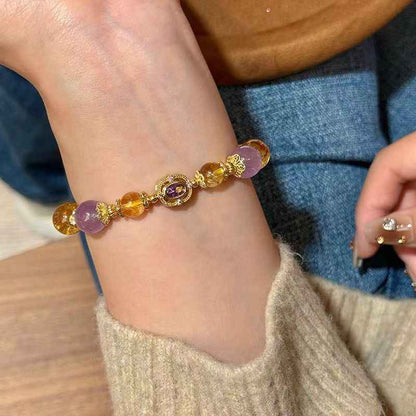 Citrine + Amethyst Natural Crystal Bracelet - Handcrafted Gemstone Jewelry for Prosperity & Happy Birthdays