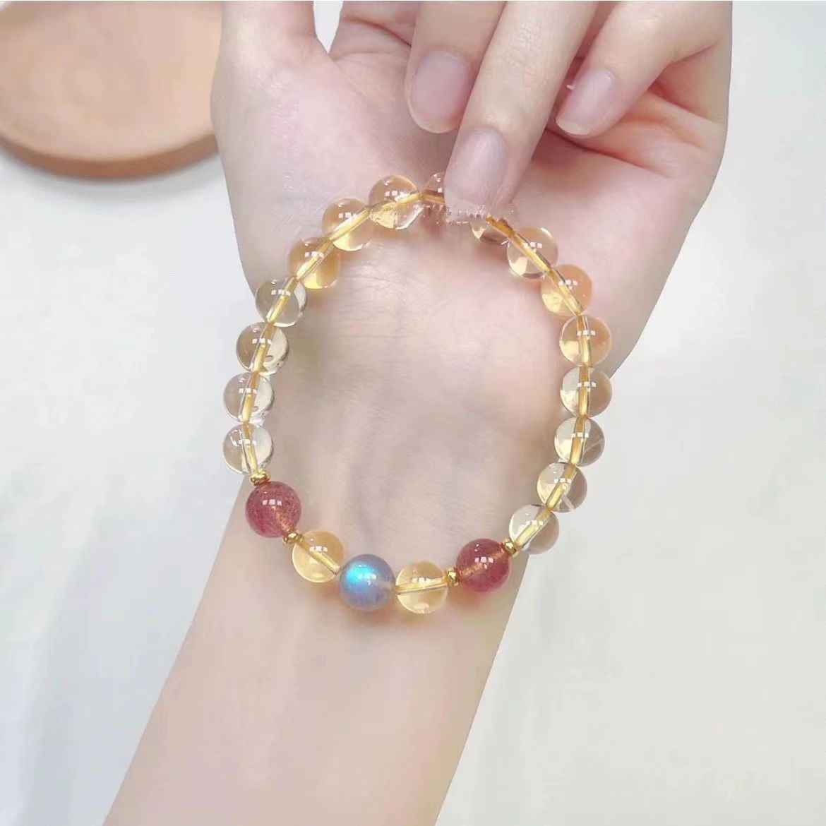 Strawberry Quartz + Gray Moonstone + Citrine Natural Crystal Bracelet - Handcrafted Gemstone Jewelry for Prosperity, Love & Better Sleep