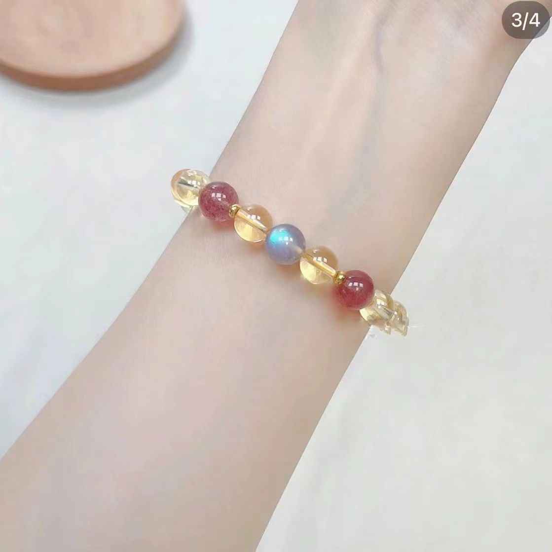 Strawberry Quartz + Gray Moonstone + Citrine Natural Crystal Bracelet - Handcrafted Gemstone Jewelry for Prosperity, Love & Better Sleep