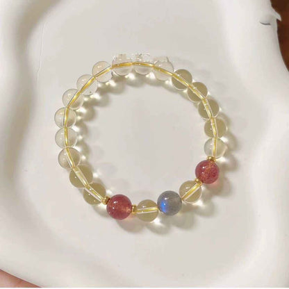 Strawberry Quartz + Gray Moonstone + Citrine Natural Crystal Bracelet - Handcrafted Gemstone Jewelry for Prosperity, Love & Better Sleep