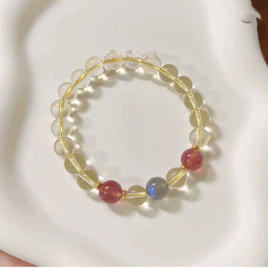 Strawberry Quartz + Gray Moonstone + Citrine Natural Crystal Bracelet - Handcrafted Gemstone Jewelry for Prosperity, Love & Better Sleep