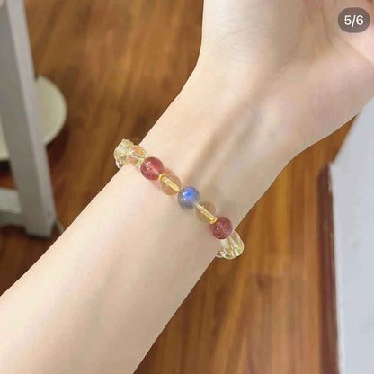 Strawberry Quartz + Gray Moonstone + Citrine Natural Crystal Bracelet - Handcrafted Gemstone Jewelry for Prosperity, Love & Better Sleep