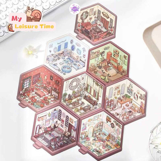 My Leisure Time – 3D Miniature Sticker Scenes - 8 Theme Sets: Christmas Night | Art Studio | Tailor Shop | Chinese New Year | Tea Room | Children's Playground | Ocean Cottage | Garage