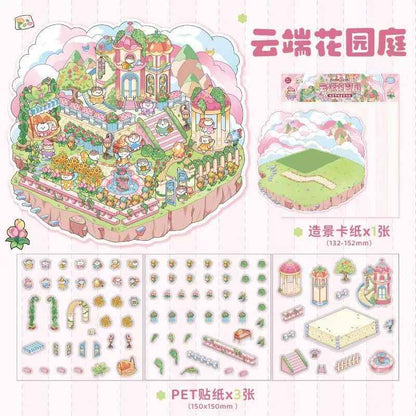 Cute Kitty Adventurer – 3D Miniature Sticker Scenes - 4 Theme Sets: Forest Mushroom House | Island Amusement Park | Underwater Expedition | Sky Island Garden