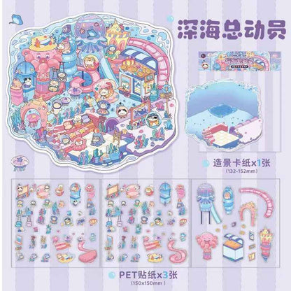 Cute Kitty Adventurer – 3D Miniature Sticker Scenes - 4 Theme Sets: Forest Mushroom House | Island Amusement Park | Underwater Expedition | Sky Island Garden