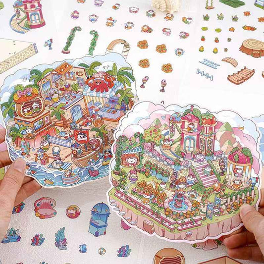 Cute Kitty Adventurer – 3D Miniature Sticker Scenes - 4 Theme Sets: Forest Mushroom House | Island Amusement Park | Underwater Expedition | Sky Island Garden