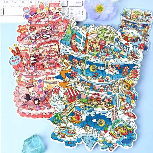 Animal Party Plus – 3D Miniature Sticker Scenes - 2 Theme Sets: Birthday Party | Sky City