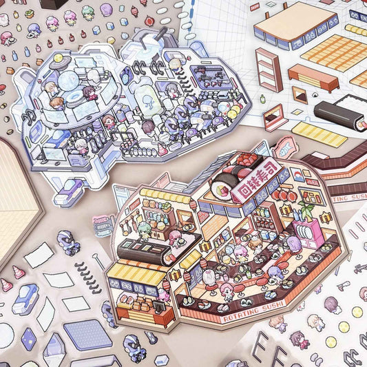 Pixel Style Plus – 3D Miniature Sticker Scenes - 2 Theme Sets: Sushi House | Space Station