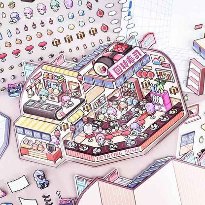 Pixel Style Plus – 3D Miniature Sticker Scenes - 2 Theme Sets: Sushi House | Space Station