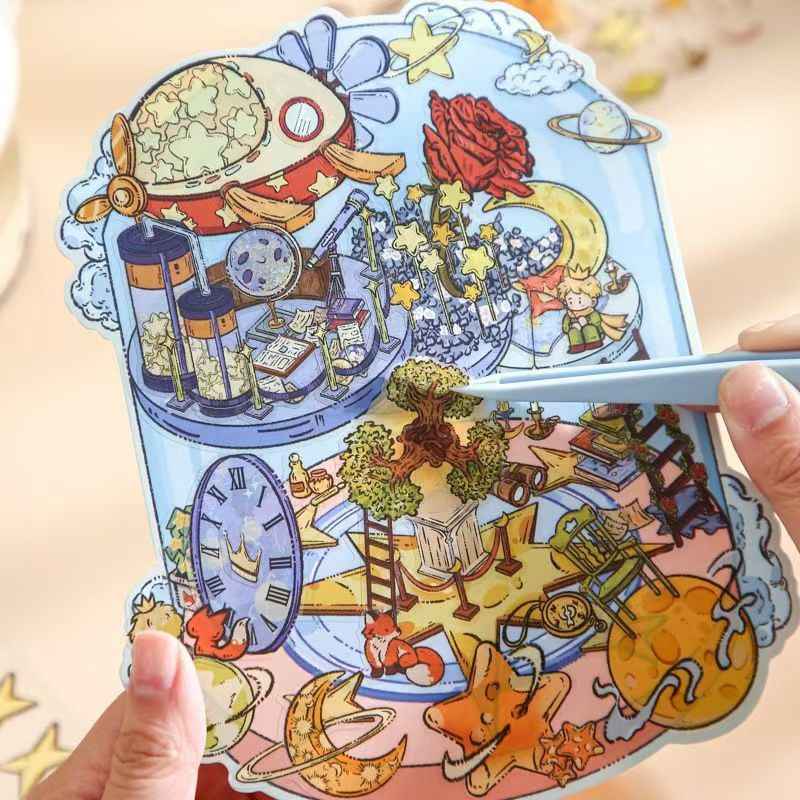 Prince Fairy Tale Book Series – 3D Miniature Sticker Scenes - 4 Theme Sets: Rose Collector | Star Museum | Galactic Spaceship | Sunset Cloud House