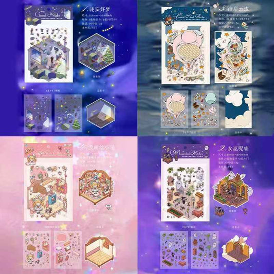 Starry Whisper Series – 3D Miniature Sticker Scenes - 4 Theme Sets: Alice's Cottage | Sweet Dreams | Witch's Murmur | Coastline Clouds