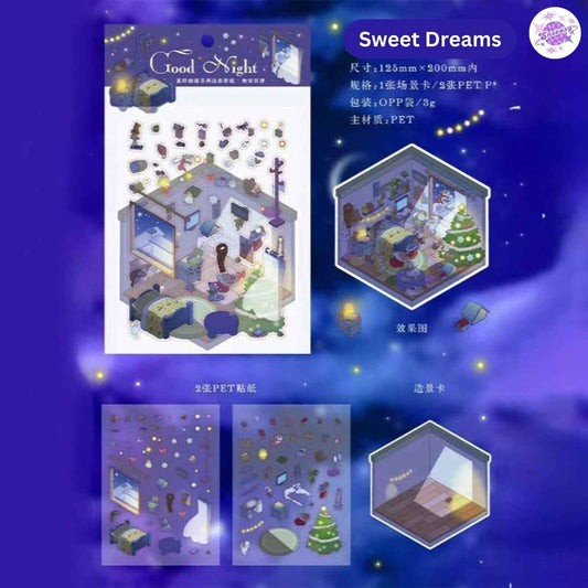 Starry Whisper Series – 3D Miniature Sticker Scenes - 4 Theme Sets: Alice's Cottage | Sweet Dreams | Witch's Murmur | Coastline Clouds