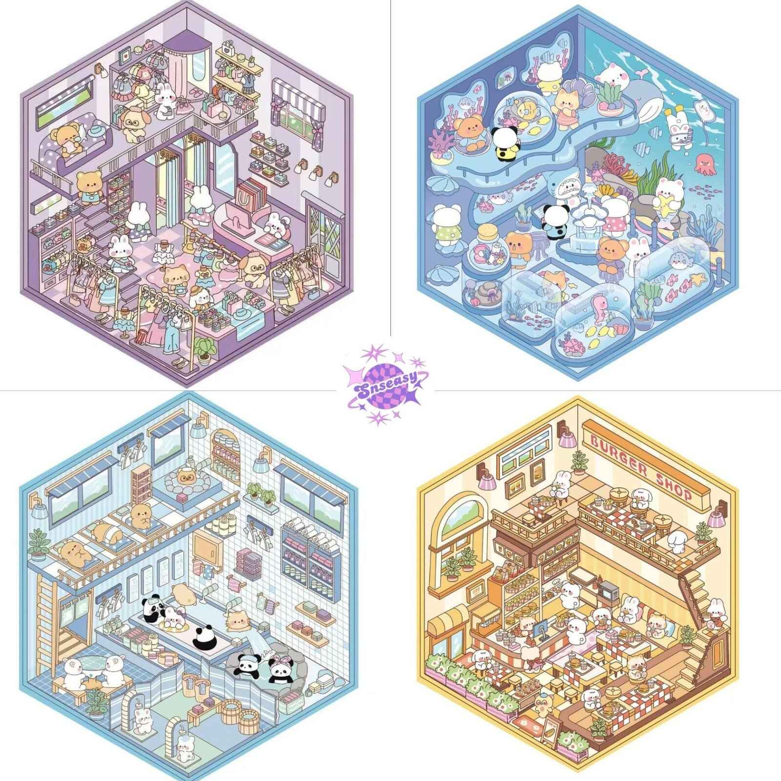 Cute Animals 11.0 – 3D Miniature Sticker Scenes - 4 Theme Sets: Aquarium | Hot Spring Shop | Burger Shop | Clothing Store