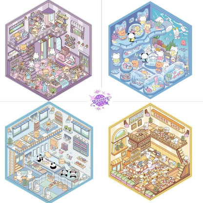 Cute Animals 11.0 – 3D Miniature Sticker Scenes - 4 Theme Sets: Aquarium | Hot Spring Shop | Burger Shop | Clothing Store