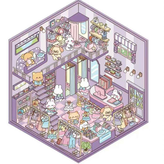 Cute Animals 11.0 – 3D Miniature Sticker Scenes - 4 Theme Sets: Aquarium | Hot Spring Shop | Burger Shop | Clothing Store