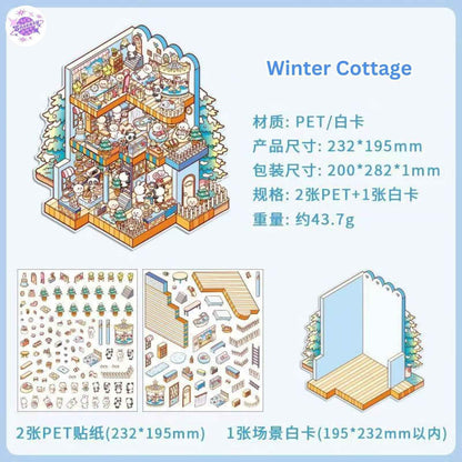 Four Seasons Cottage – 3D Miniature Sticker Scenes - 4 Theme Sets: Spring Cottage | Summer Cottage | Autumn Cottage | Winter Cottage