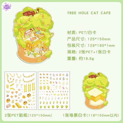 Sweet Treats Island Series – 3D Miniature Sticker Scenes - 4 Theme Sets: Bread Message | Tree Hole Cat Café | Ocean Crystal Ball | Rabbit Supermarket
