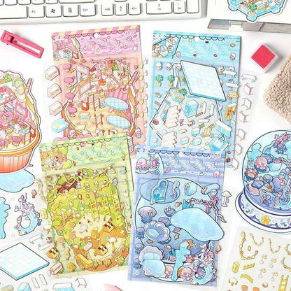 Sweet Treats Island Series – 3D Miniature Sticker Scenes - 4 Theme Sets: Bread Message | Tree Hole Cat Café | Ocean Crystal Ball | Rabbit Supermarket