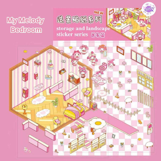 Cartoon Animation Sanrio – 3D Miniature Sticker Scenes - 4 Theme Sets: Hello Kitty Convenience Store | My Melody Bedroom | Kuromi Café | Elsa Ice Princess