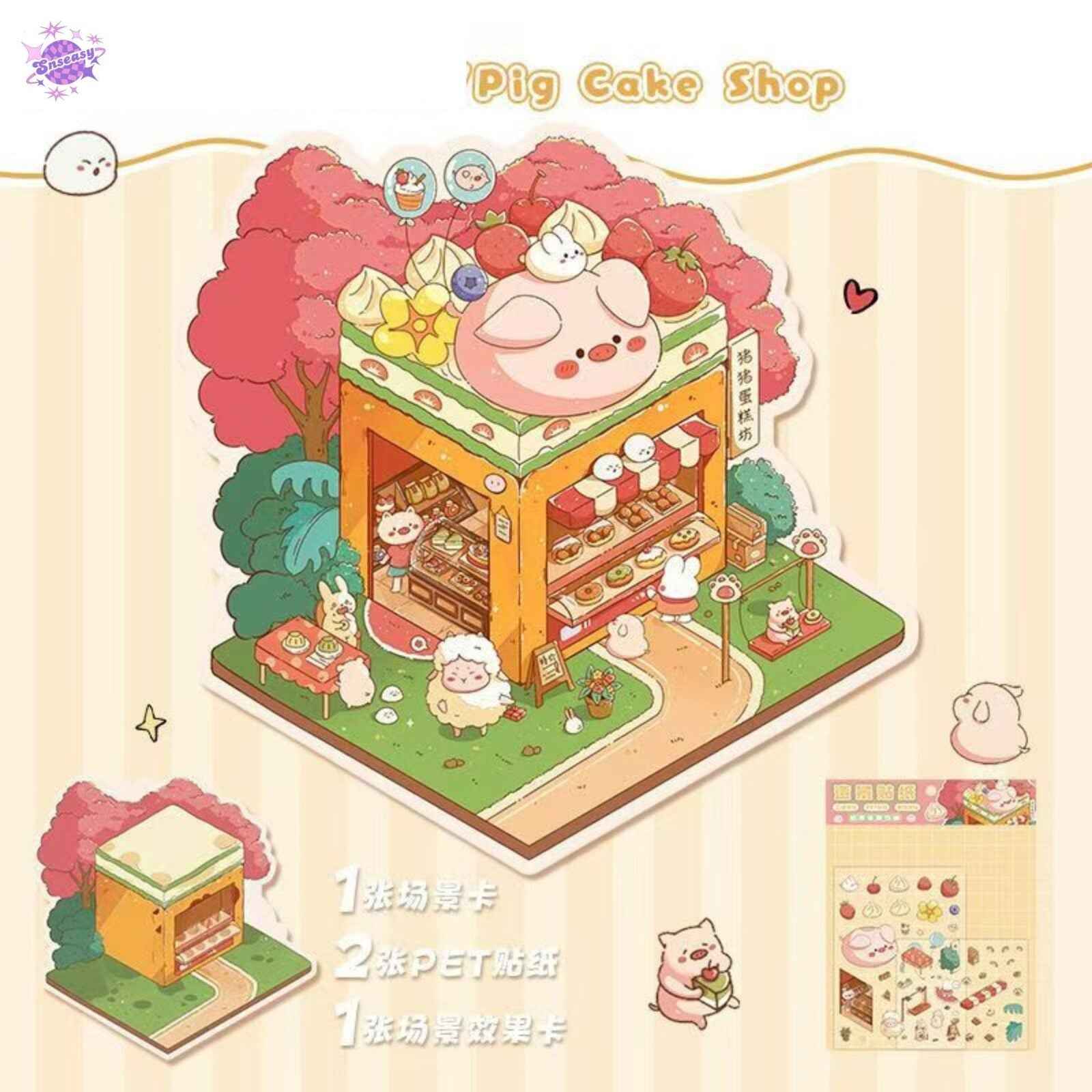 Cute Animals 12.0 – 3D Miniature Sticker Scenes - 4 Theme Sets: Cat BBQ Shop | Penguin Ice House | Bear Flower Shop | Piggy Cake Shop