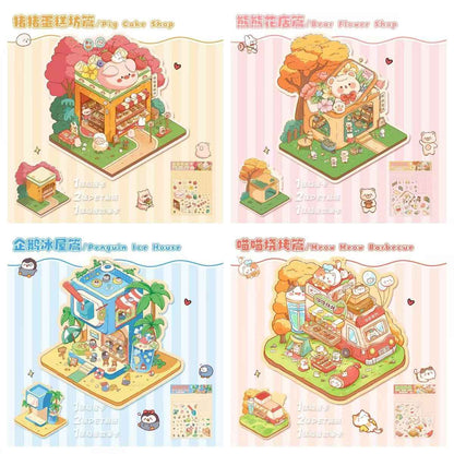 Cute Animals 12.0 – 3D Miniature Sticker Scenes - 4 Theme Sets: Cat BBQ Shop | Penguin Ice House | Bear Flower Shop | Piggy Cake Shop