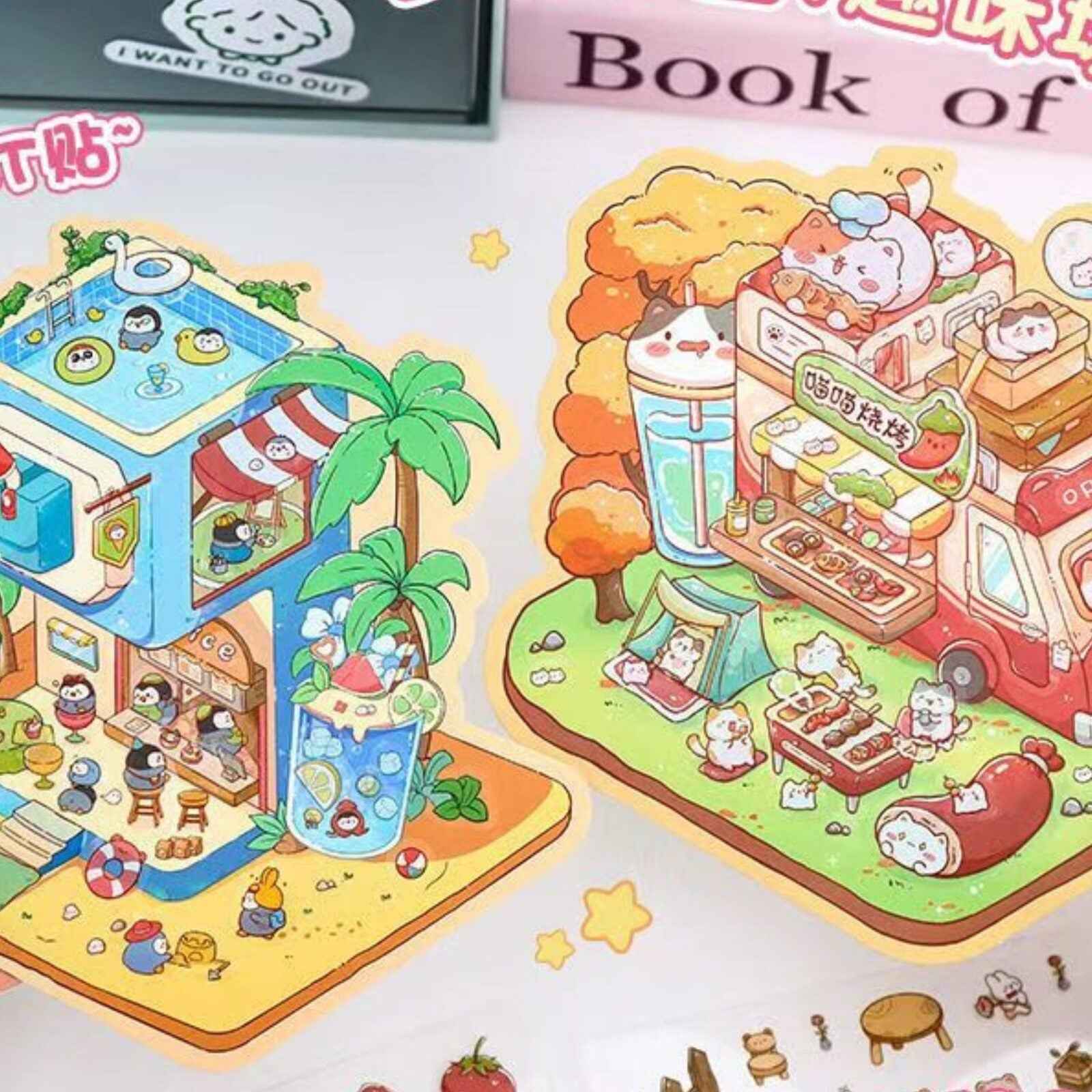Cute Animals 12.0 – 3D Miniature Sticker Scenes - 4 Theme Sets: Cat BBQ Shop | Penguin Ice House | Bear Flower Shop | Piggy Cake Shop