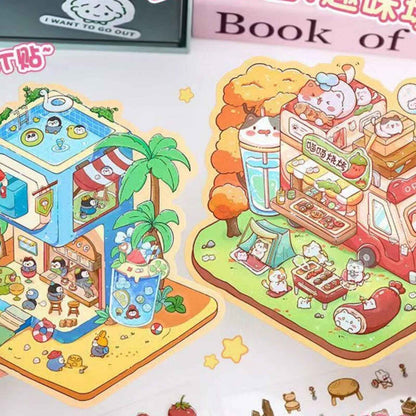 Cute Animals 12.0 – 3D Miniature Sticker Scenes - 4 Theme Sets: Cat BBQ Shop | Penguin Ice House | Bear Flower Shop | Piggy Cake Shop