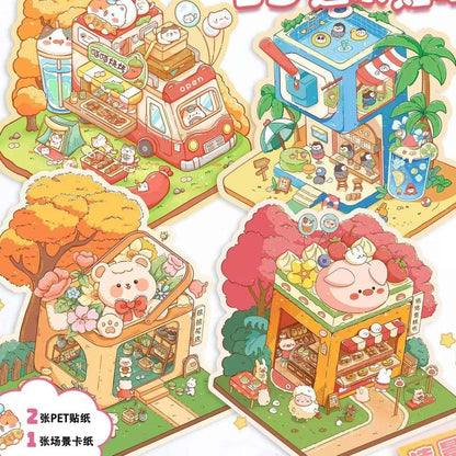 Cute Animals 12.0 – 3D Miniature Sticker Scenes - 4 Theme Sets: Cat BBQ Shop | Penguin Ice House | Bear Flower Shop | Piggy Cake Shop