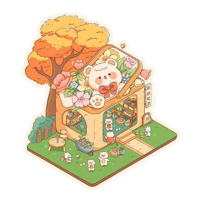 Cute Animals 12.0 – 3D Miniature Sticker Scenes - 4 Theme Sets: Cat BBQ Shop | Penguin Ice House | Bear Flower Shop | Piggy Cake Shop