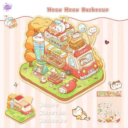 Cute Animals 12.0 – 3D Miniature Sticker Scenes - 4 Theme Sets: Cat BBQ Shop | Penguin Ice House | Bear Flower Shop | Piggy Cake Shop