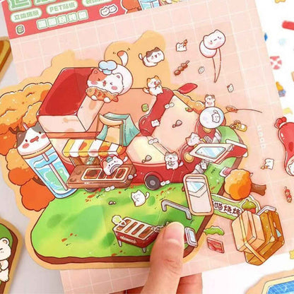 Cute Animals 12.0 – 3D Miniature Sticker Scenes - 4 Theme Sets: Cat BBQ Shop | Penguin Ice House | Bear Flower Shop | Piggy Cake Shop