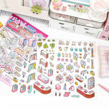 Pixel World – 3D Miniature Sticker Scenes - 4 Theme Sets: Dream Clothing Store | Leisurely Coffee Shop | Busy Supermarket | Quiet Nursery