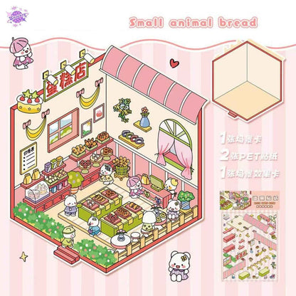 Cute Animals 13.0 – Opening and Shop Series – 3D Miniature Sticker Scenes - 10 Theme Sets: Shop Opening | Pet Shop | Luosifen Store | Dessert Store | Cat Apartment | Small Animal Bread | Small Animal Cake | Sushi Restaurant