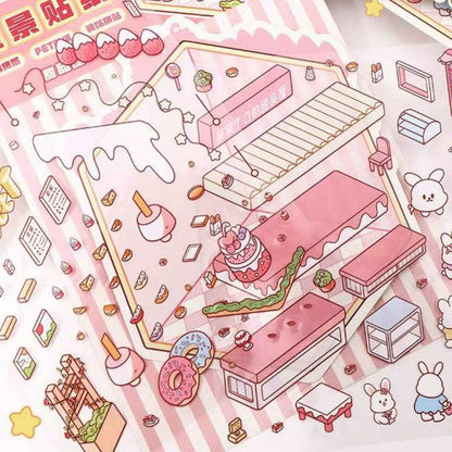 Cute Animals 13.0 – Opening and Shop Series – 3D Miniature Sticker Scenes - 10 Theme Sets: Shop Opening | Pet Shop | Luosifen Store | Dessert Store | Cat Apartment | Small Animal Bread | Small Animal Cake | Sushi Restaurant