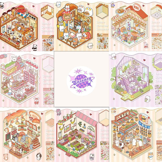Cute Animals 13.0 – Opening and Shop Series – 3D Miniature Sticker Scenes - 10 Theme Sets: Shop Opening | Pet Shop | Luosifen Store | Dessert Store | Cat Apartment | Small Animal Bread | Small Animal Cake | Sushi Restaurant