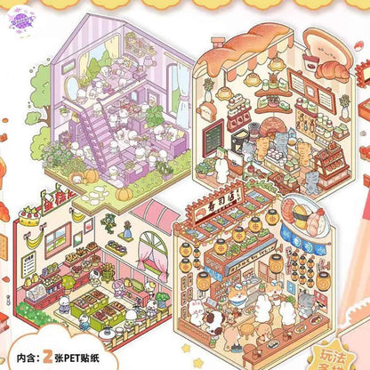Cute Animals 13.0 – Opening and Shop Series – 3D Miniature Sticker Scenes - 10 Theme Sets: Shop Opening | Pet Shop | Luosifen Store | Dessert Store | Cat Apartment | Small Animal Bread | Small Animal Cake | Sushi Restaurant