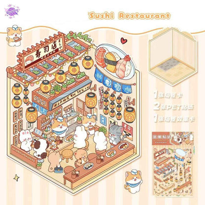 Cute Animals 13.0 – Opening and Shop Series – 3D Miniature Sticker Scenes - 10 Theme Sets: Shop Opening | Pet Shop | Luosifen Store | Dessert Store | Cat Apartment | Small Animal Bread | Small Animal Cake | Sushi Restaurant