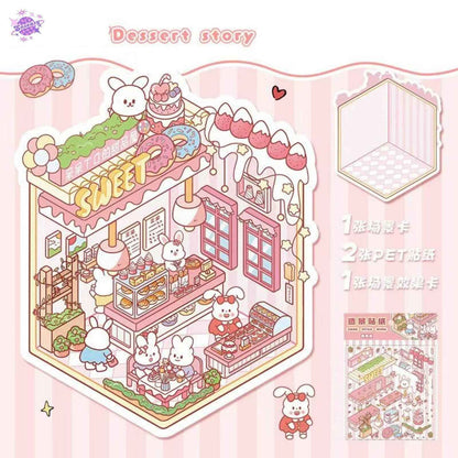 Cute Animals 13.0 – Opening and Shop Series – 3D Miniature Sticker Scenes - 10 Theme Sets: Shop Opening | Pet Shop | Luosifen Store | Dessert Store | Cat Apartment | Small Animal Bread | Small Animal Cake | Sushi Restaurant