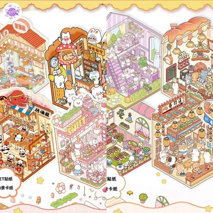 Cute Animals 13.0 – Opening and Shop Series – 3D Miniature Sticker Scenes - 10 Theme Sets: Shop Opening | Pet Shop | Luosifen Store | Dessert Store | Cat Apartment | Small Animal Bread | Small Animal Cake | Sushi Restaurant