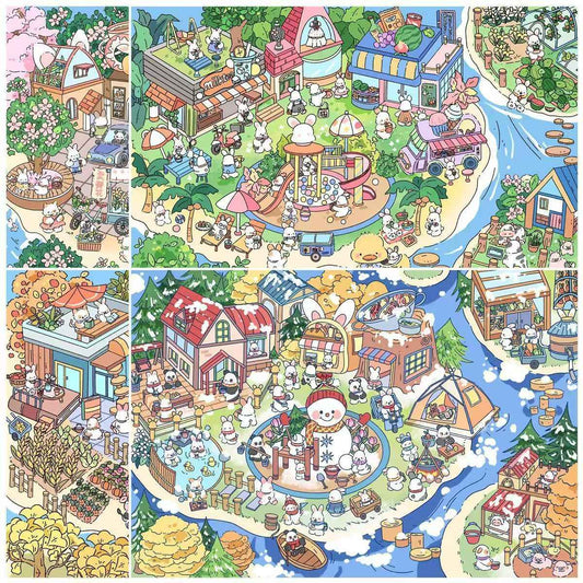 Four Seasons Town – 3D Miniature Sticker Scenes - 4 Theme Sets Heartfelt Town – Spring  Green Town – Summer  Harvest Town – Autumn  Silver Town – Winter
