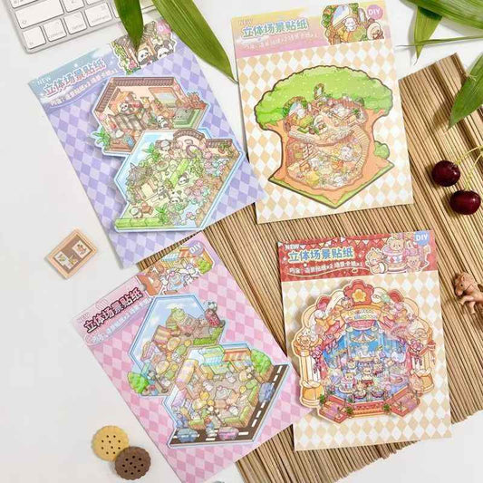 Cute Cottage – 3D Miniature Sticker Scenes - 4 Theme Sets: Surprise Circus | Forest Cottage | Tranquil Courtyard | Gourmet Street