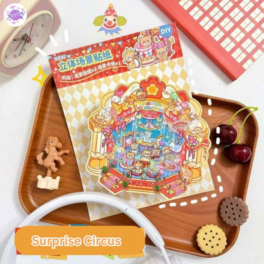 Cute Cottage – 3D Miniature Sticker Scenes - 4 Theme Sets: Surprise Circus | Forest Cottage | Tranquil Courtyard | Gourmet Street