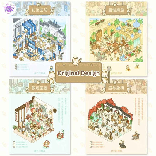 Chinese Heritage - Original Design – 3D Miniature Sticker Scenes - 4 Theme Sets: Dunhuang Scrolls | Garden Chess | Silk Road Travel | Tie-Dye Art Studio