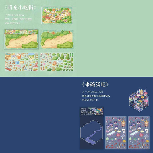 Eighteen Impressions 3.0 – 3D Miniature Sticker Scenes - 2 Theme Sets: Cute Pets Snack Street | Let’s Have Some Soup