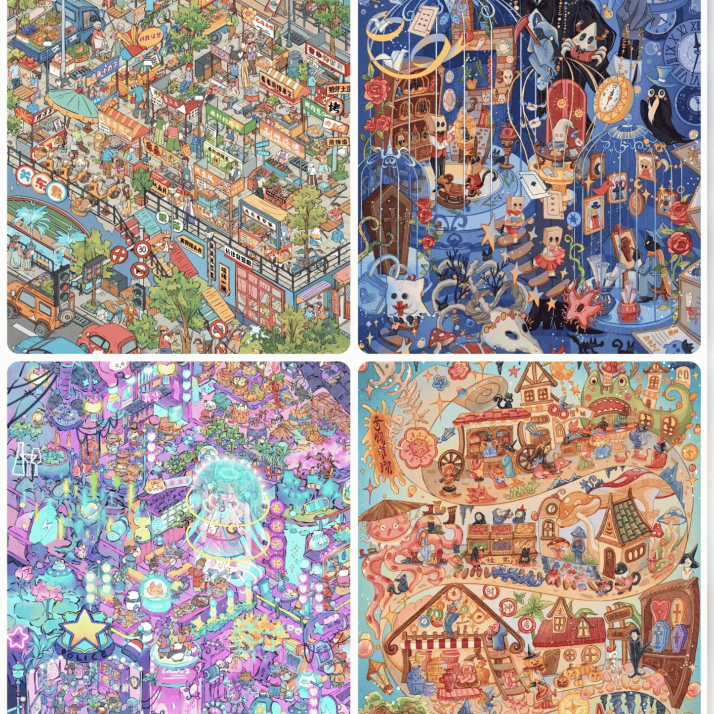 Fantasy World 3D Scene Sticker Plus Size 4 Theme Sets: Cyber Town | Food Street | Curious Market | Mr. Crow’s Cage