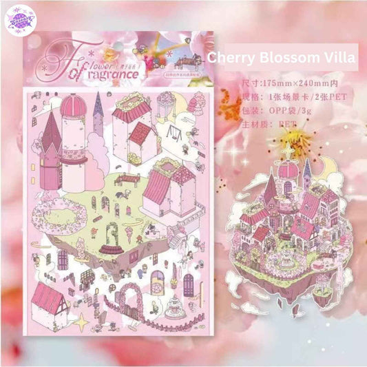 Four Seasons Villa Series – 3D Miniature Sticker Scenes - 4 Theme Sets: Cherry Blossom Villa | Summer Pool | Maple Villa | Winter Villa