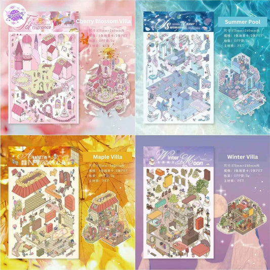 Four Seasons Villa Series – 3D Miniature Sticker Scenes - 4 Theme Sets: Cherry Blossom Villa | Summer Pool | Maple Villa | Winter Villa