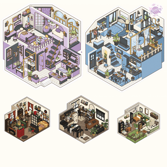 Dream Cottage – 3D Miniature Scene Stickers – 5 Theme Sets: Purple House | Blue House | Rock Cottage | European Cottage | Vintage Cottage