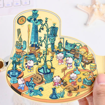 Cute Animals Visit the Museum – 3D Miniature Scene Stickers (Flip-Open Plus Size) – 4 Theme Sets: Dog Opera House | Cat Aquarium | Cat Art Museum | Sheep Sanxingdui Museum
